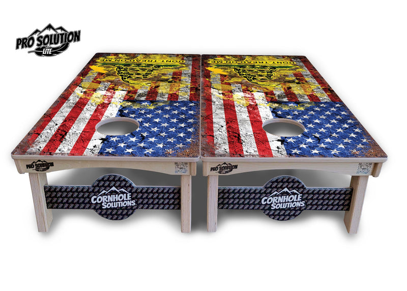 Pro Solution Elite - Don't Tread On Me Design Options - Professional Tournament Cornhole Boards 3/4" Baltic Birch - Zero Bounce Zero Movement Vertical Interlocking Braces for Extra Weight & Stability +Double Thick Legs +Airmail Blocker