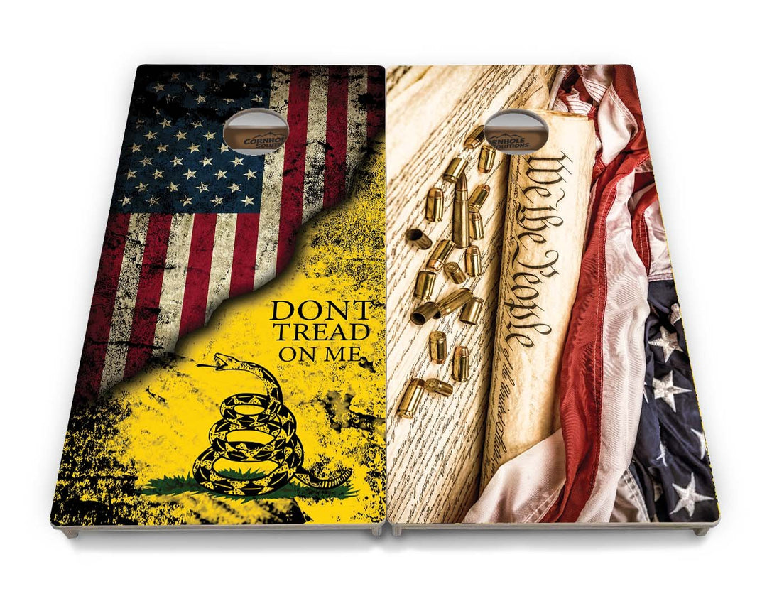 Two cornhole boards with American flag, snake design, and text on a white background