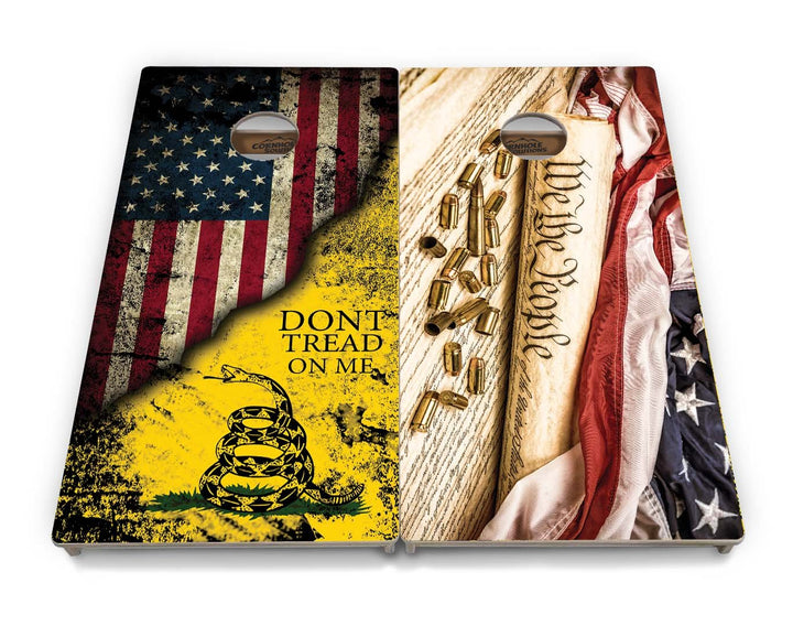 Two cornhole boards with American flag, snake design, and text on a white background