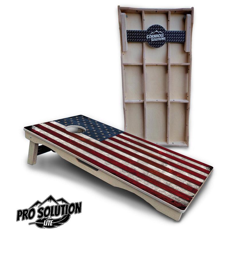 Pro Solution Lite - Rustic USA Flag - Professional Tournament Cornhole Boards 3/4" Baltic Birch - Zero Bounce Zero Movement Vertical Interlocking Braces for Extra Weight & Stability +Double Thick Legs +Airmail Blocker