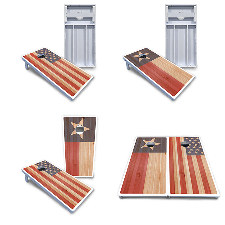 Waterproof - Faded Texas & American Flag Options - All Weather Boards "Outdoor Solution" 18mm(3/4")Direct UV Printed - Regulation 2' by 4' Cornhole Boards (Set of 2 Boards) Double Thick Legs, with Leg Brace & Dual Support Braces!