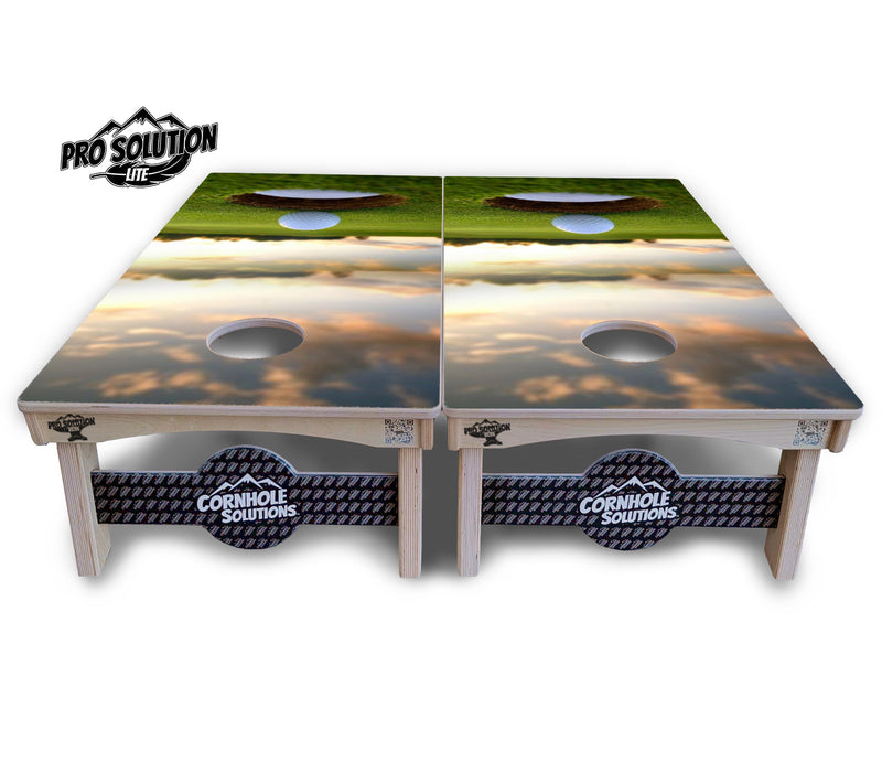 Pro Solution Lite - Golf Course Sunset Design Options - Professional Tournament Cornhole Boards 3/4" Baltic Birch - Zero Bounce Zero Movement Vertical Interlocking Braces for Extra Weight & Stability +Double Thick Legs +Airmail Blocker