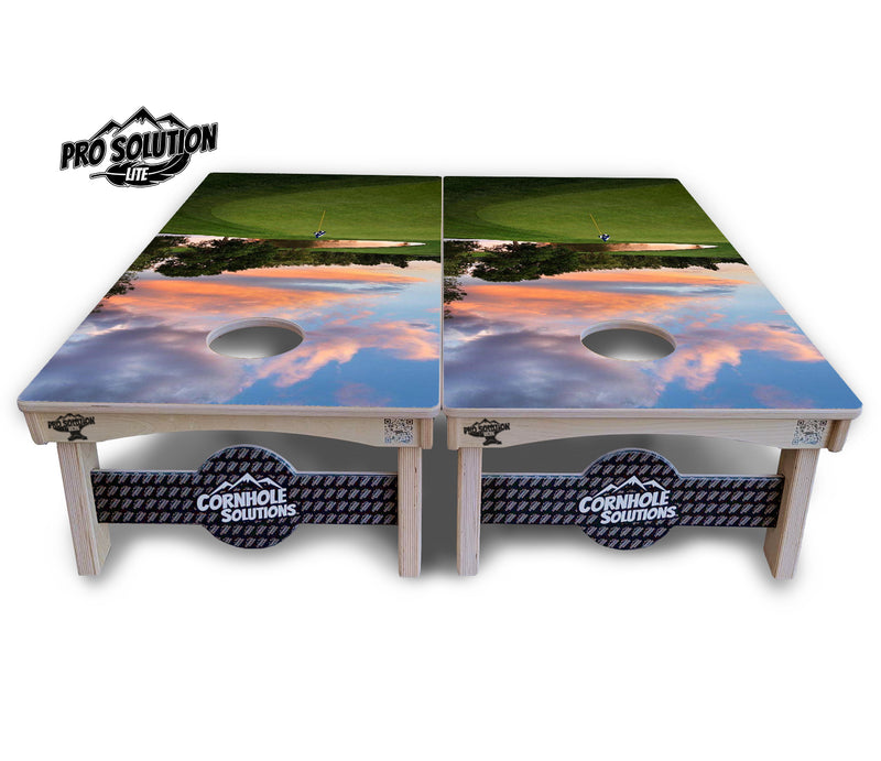 Pro Solution Lite - Golf Course Sunset Design Options - Professional Tournament Cornhole Boards 3/4" Baltic Birch - Zero Bounce Zero Movement Vertical Interlocking Braces for Extra Weight & Stability +Double Thick Legs +Airmail Blocker