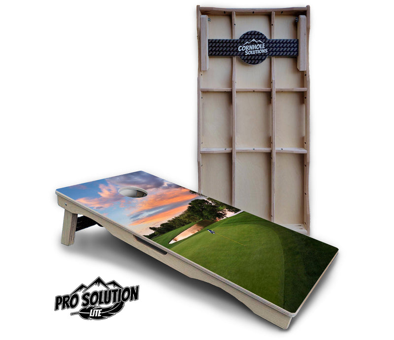 Pro Solution Lite - Golf Course Sunset Design Options - Professional Tournament Cornhole Boards 3/4" Baltic Birch - Zero Bounce Zero Movement Vertical Interlocking Braces for Extra Weight & Stability +Double Thick Legs +Airmail Blocker