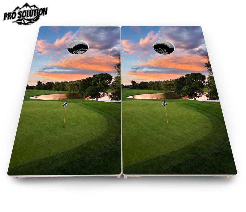 Pro Solution Lite - Golf Course Sunset Design Options - Professional Tournament Cornhole Boards 3/4" Baltic Birch - Zero Bounce Zero Movement Vertical Interlocking Braces for Extra Weight & Stability +Double Thick Legs +Airmail Blocker