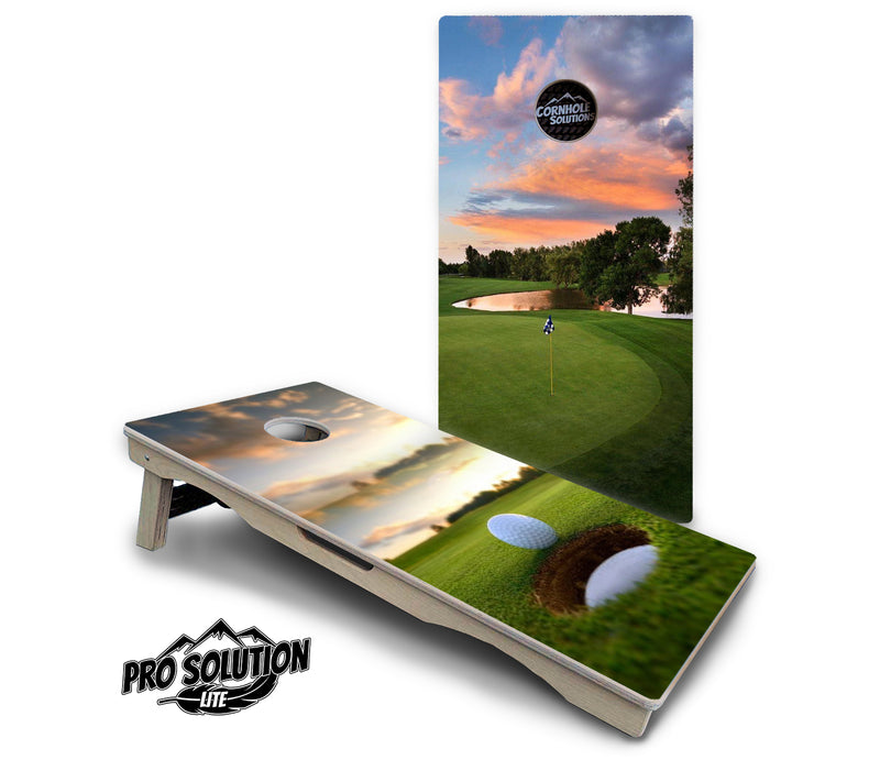 Pro Solution Lite - Golf Course Sunset Design Options - Professional Tournament Cornhole Boards 3/4" Baltic Birch - Zero Bounce Zero Movement Vertical Interlocking Braces for Extra Weight & Stability +Double Thick Legs +Airmail Blocker