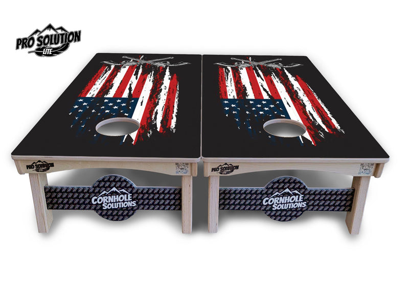 Pro Solution Elite - Guns & Flag - Professional Tournament Cornhole Boards 3/4" Baltic Birch - Zero Bounce Zero Movement Vertical Interlocking Braces for Extra Weight & Stability +Double Thick Legs +Airmail Blocker