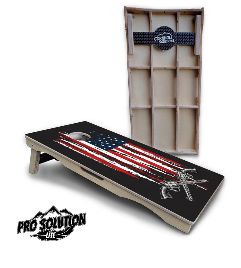 Pro Solution Elite - Guns & Flag - Professional Tournament Cornhole Boards 3/4" Baltic Birch - Zero Bounce Zero Movement Vertical Interlocking Braces for Extra Weight & Stability +Double Thick Legs +Airmail Blocker