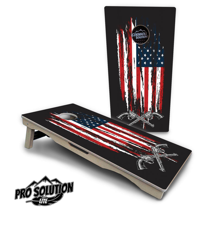 Pro Solution Elite - Guns & Flag - Professional Tournament Cornhole Boards 3/4" Baltic Birch - Zero Bounce Zero Movement Vertical Interlocking Braces for Extra Weight & Stability +Double Thick Legs +Airmail Blocker