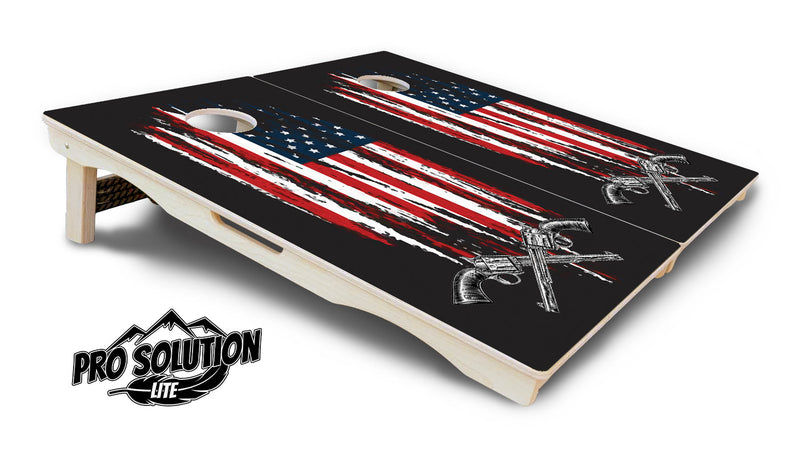 Pro Solution Elite - Guns & Flag - Professional Tournament Cornhole Boards 3/4" Baltic Birch - Zero Bounce Zero Movement Vertical Interlocking Braces for Extra Weight & Stability +Double Thick Legs +Airmail Blocker