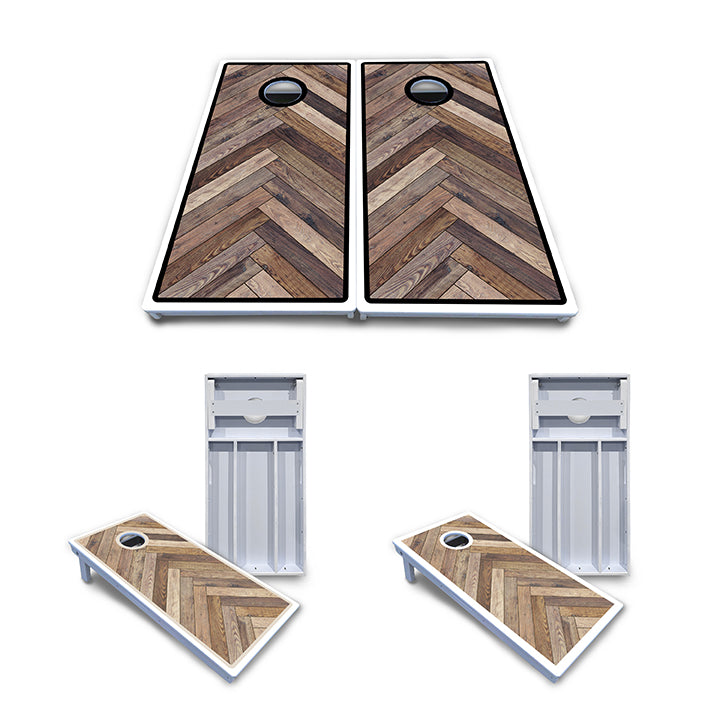 Waterproof - Herringbone w/ Border Options - All Weather Boards "Outdoor Solution" 18mm(3/4")Direct UV Printed - Regulation 2' by 4' Cornhole Boards (Set of 2 Boards) Double Thick Legs, with Leg Brace & Dual Support Braces!