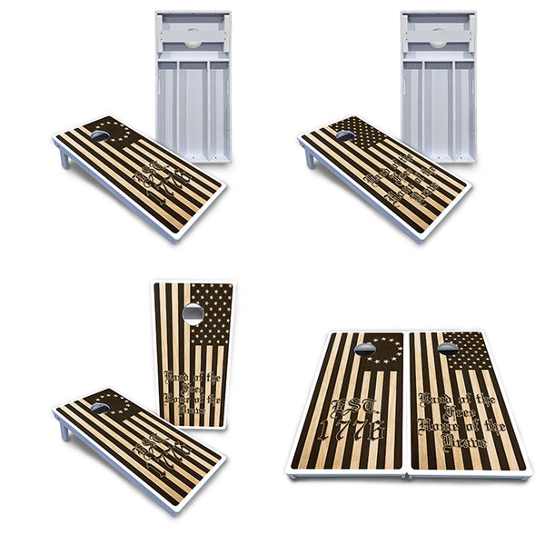 Waterproof - Land of the Free Flag Options - All Weather Boards "Outdoor Solution" 18mm(3/4")Direct UV Printed - Regulation 2' by 4' Cornhole Boards (Set of 2 Boards) Double Thick Legs, with Leg Brace & Dual Support Braces!