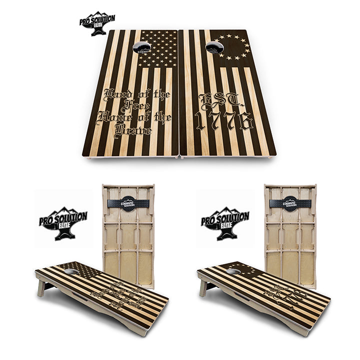 Pro Solution Elite - Land of the Free Design Options - Professional Tournament Cornhole Boards 3/4" Baltic Birch - Zero Bounce Zero Movement Vertical Interlocking Braces for Extra Weight & Stability +Double Thick Legs +Airmail Blocker