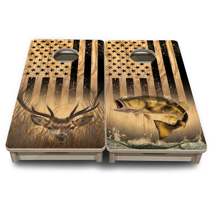Mini Cornhole Boards - Light Wood Deer & Fish