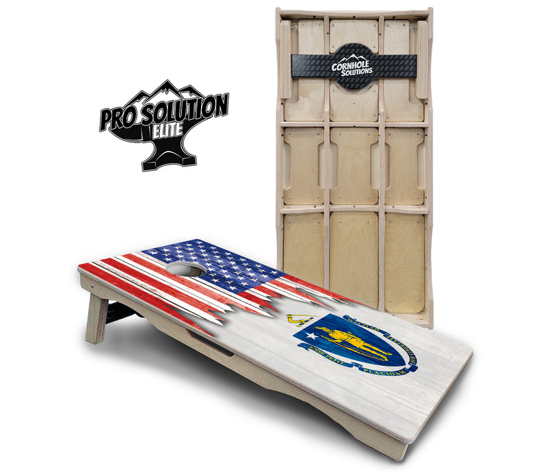 Pro Solution Elite - State Flag Designs Massachusetts to New Jersey - Professional Tournament Cornhole Boards 3/4" Baltic Birch - Zero Bounce Zero Movement Vertical Interlocking Braces for Extra Weight & Stability +Double Thick Legs +Airmail Blocker