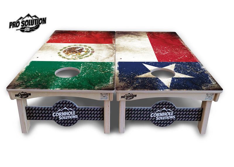 Pro Solution Elite - Rustic Texas & Mexican Flag - Professional Tournament Cornhole Boards 3/4" Baltic Birch - Zero Bounce Zero Movement Vertical Interlocking Braces for Extra Weight & Stability +Double Thick Legs +Airmail Blocker