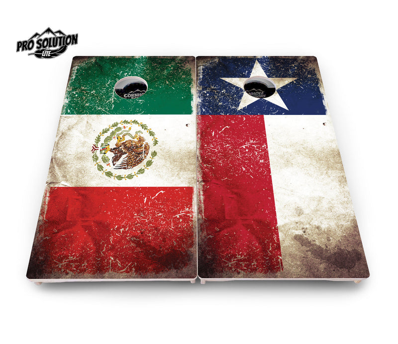 Pro Solution Elite - Rustic Texas & Mexican Flag - Professional Tournament Cornhole Boards 3/4" Baltic Birch - Zero Bounce Zero Movement Vertical Interlocking Braces for Extra Weight & Stability +Double Thick Legs +Airmail Blocker