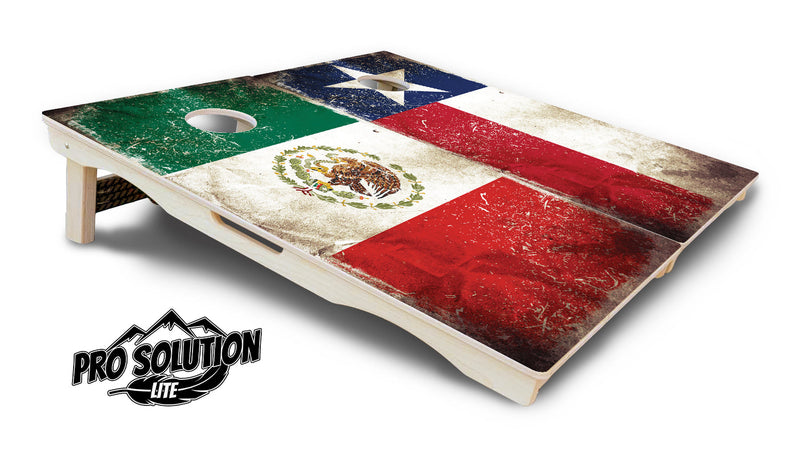 Pro Solution Elite - Rustic Texas & Mexican Flag - Professional Tournament Cornhole Boards 3/4" Baltic Birch - Zero Bounce Zero Movement Vertical Interlocking Braces for Extra Weight & Stability +Double Thick Legs +Airmail Blocker