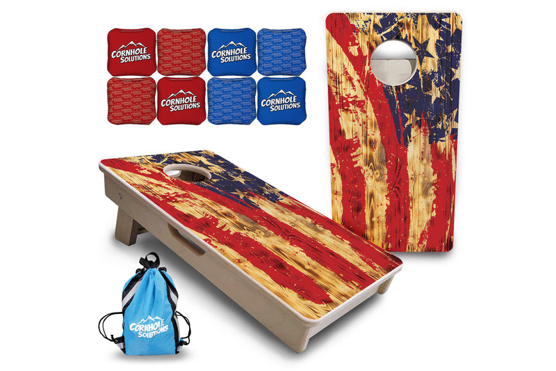 Mini Cornhole 12"x24" Boards - 4" holes - Faded Brush Burnt Flag Design - 3/4″ Baltic Birch