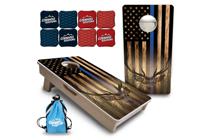 Mini Cornhole Boards - Blue & Red Line Deer & Fish Flag