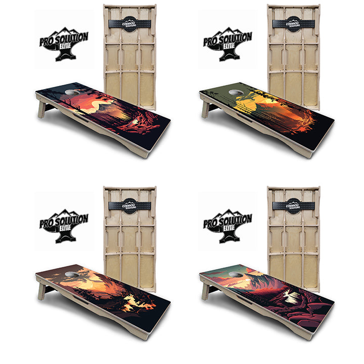 Pro Solution Elite - Mountain Sunset Ai Design Options - Professional Tournament Cornhole Boards 3/4" Baltic Birch - Zero Bounce Zero Movement Vertical Interlocking Braces for Extra Weight & Stability +Double Thick Legs +Airmail Blocker