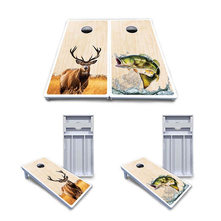 Waterproof - Natural Deer & Fish Design Options - All Weather Boards "Outdoor Solution" 18mm(3/4")Direct UV Printed - Regulation 2' by 4' Cornhole Boards (Set of 2 Boards) Double Thick Legs, with Leg Brace & Dual Support Braces!