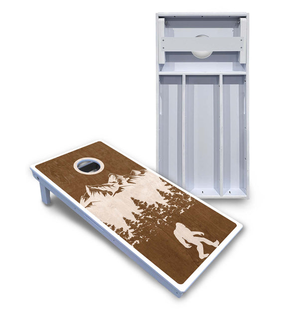 Waterproof - Bigfoot Mountain Scene Design - All Weather Boards "Outdoor Solution" 18mm(3/4")Direct UV Printed - Regulation 2' by 4' Cornhole Boards (Set of 2 Boards) Double Thick Legs, with Leg Brace & Dual Support Braces!