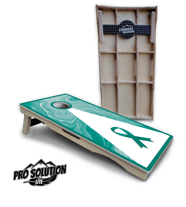 Pro Solution Lite - Teal Cancer Ribbon - Professional Tournament Cornhole Boards 3/4" Baltic Birch - Zero Bounce Zero Movement Vertical Interlocking Braces for Extra Weight & Stability +Double Thick Legs +Airmail Blocker
