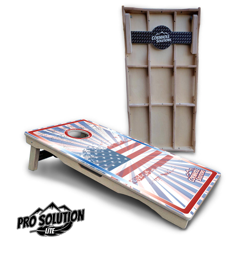 Pro Solution Lite - Patriotic Sunburst Design Options - Professional Tournament Cornhole Boards 3/4" Baltic Birch - Zero Bounce Zero Movement Vertical Interlocking Braces for Extra Weight & Stability +Double Thick Legs +Airmail Blocker