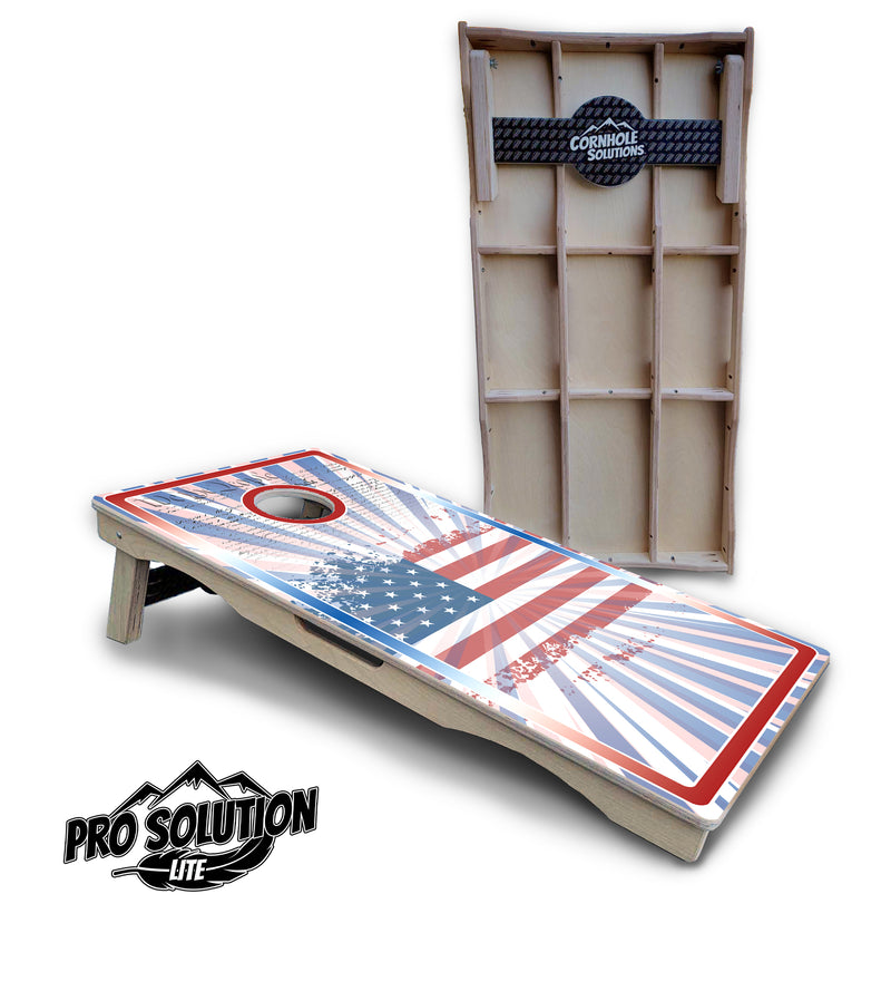 Pro Solution Lite - Patriotic Sunburst Design Options - Professional Tournament Cornhole Boards 3/4" Baltic Birch - Zero Bounce Zero Movement Vertical Interlocking Braces for Extra Weight & Stability +Double Thick Legs +Airmail Blocker