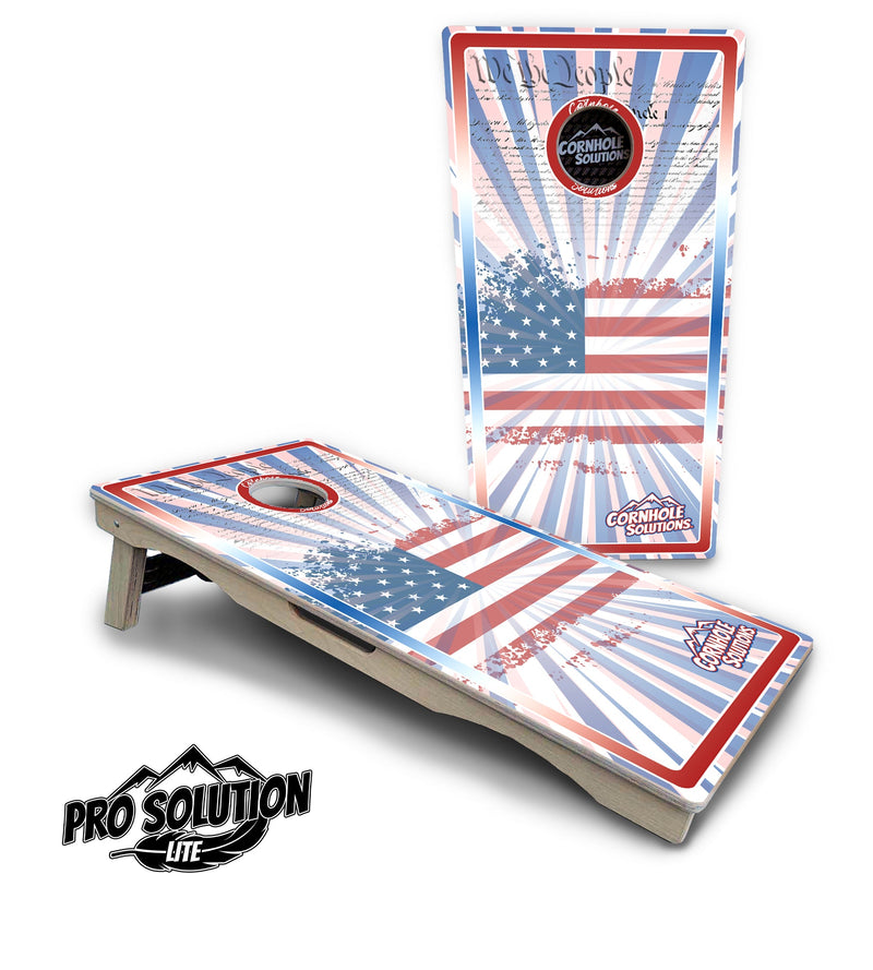 Pro Solution Elite - Patriotic Sunburst Design Options - Professional Tournament Cornhole Boards 3/4" Baltic Birch - Zero Bounce Zero Movement Vertical Interlocking Braces for Extra Weight & Stability +Double Thick Legs +Airmail Blocker