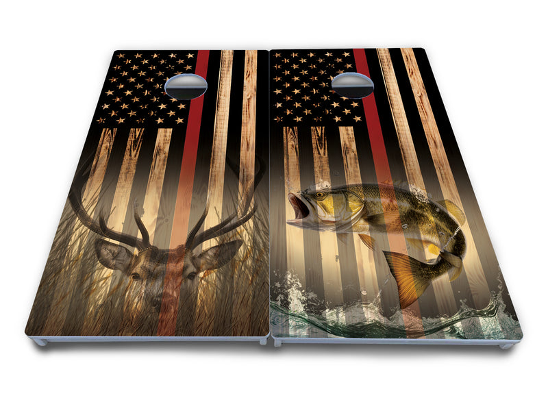 Waterproof - Blue & Red Line Deer & Fish Flag Design Options - All Weather Boards "Outdoor Solution" 18mm(3/4")Direct UV Printed - Regulation 2' by 4' Cornhole Boards (Set of 2 Boards) Double Thick Legs, with Leg Brace & Dual Support Braces!