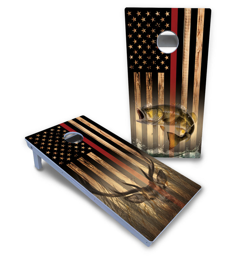 Waterproof - Blue & Red Line Deer & Fish Flag Design Options - All Weather Boards "Outdoor Solution" 18mm(3/4")Direct UV Printed - Regulation 2' by 4' Cornhole Boards (Set of 2 Boards) Double Thick Legs, with Leg Brace & Dual Support Braces!