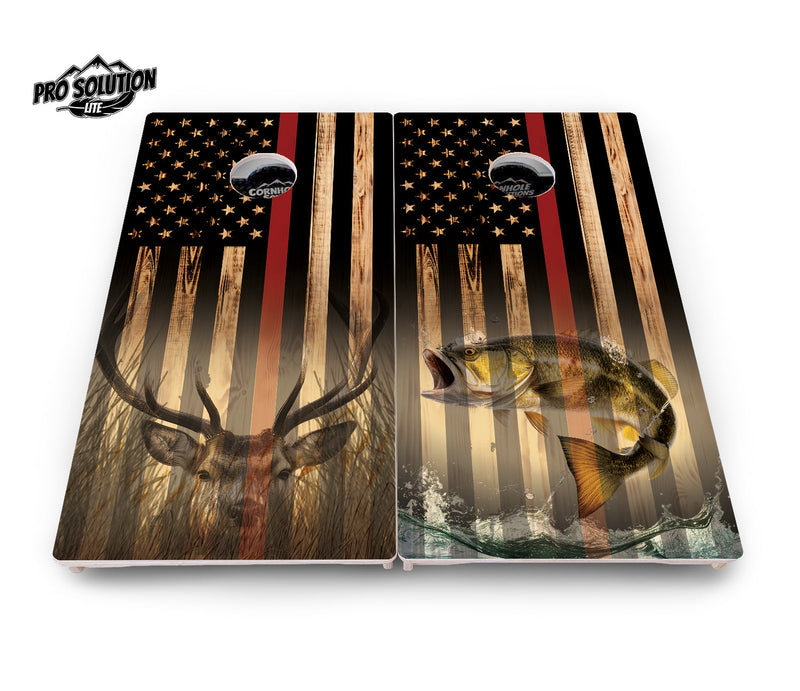 Pro Solution Elite - Red Line Deer & Fish Flag Design Options - Professional Tournament Cornhole Boards 3/4" Baltic Birch - Zero Bounce Zero Movement Vertical Interlocking Braces for Extra Weight & Stability +Double Thick Legs +Airmail Blocker