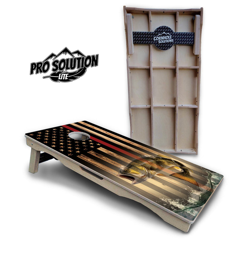 Pro Solution Elite - Red Line Deer & Fish Flag Design Options - Professional Tournament Cornhole Boards 3/4" Baltic Birch - Zero Bounce Zero Movement Vertical Interlocking Braces for Extra Weight & Stability +Double Thick Legs +Airmail Blocker