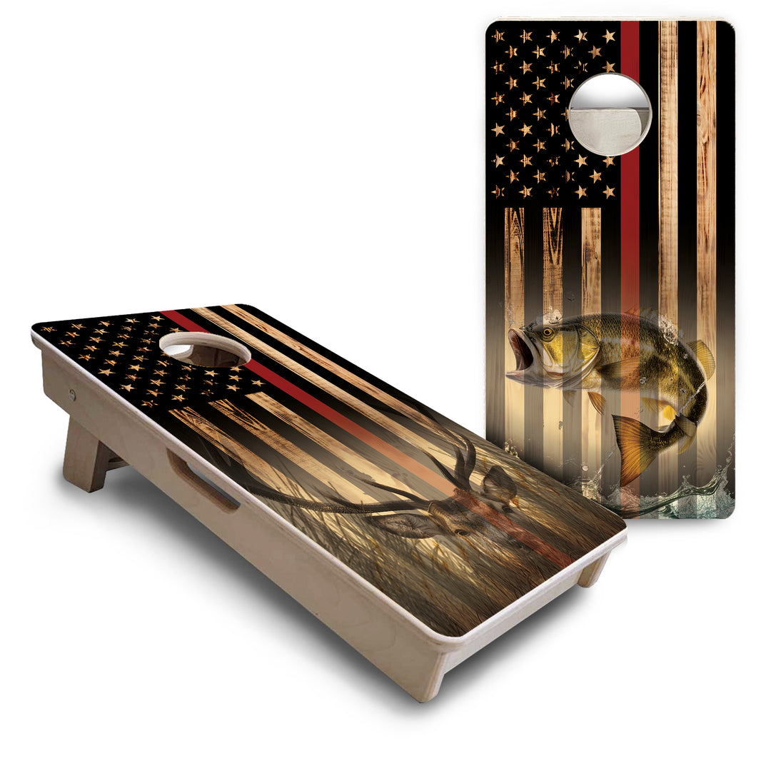 Mini Cornhole Boards - Blue & Red Line Deer & Fish Flag