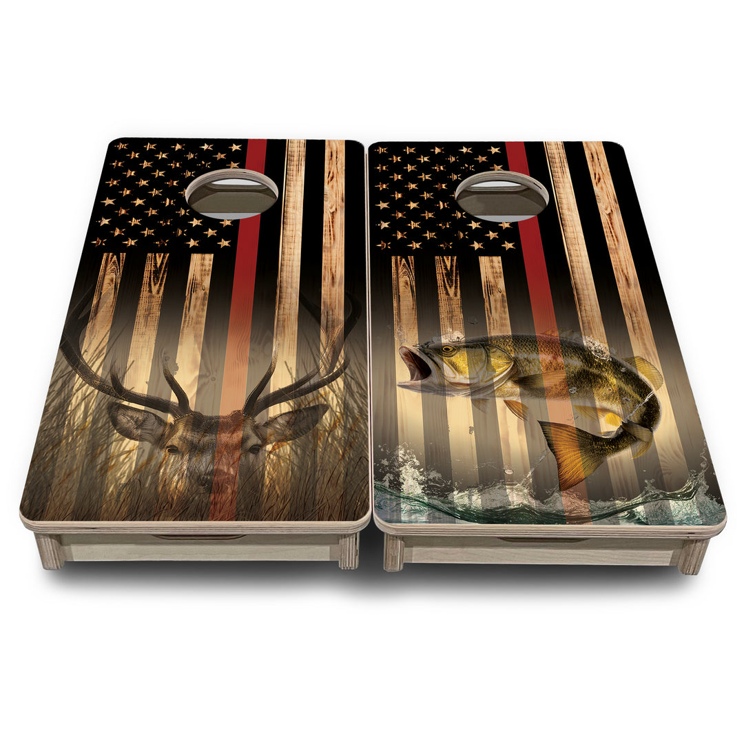 Mini Cornhole Boards - Blue & Red Line Deer & Fish Flag