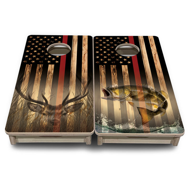 Mini Cornhole Boards - Blue & Red Line Deer & Fish Flag
