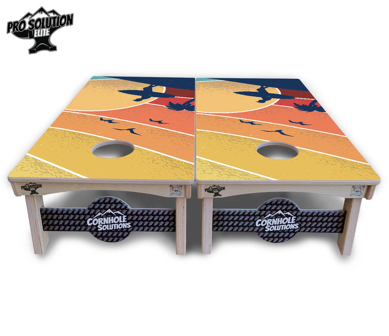 Pro Solution Elite - Retro Beach Design Options - Professional Tournament Cornhole Boards 3/4" Baltic Birch - Zero Bounce Zero Movement Vertical Interlocking Braces for Extra Weight & Stability +Double Thick Legs +Airmail Blocker