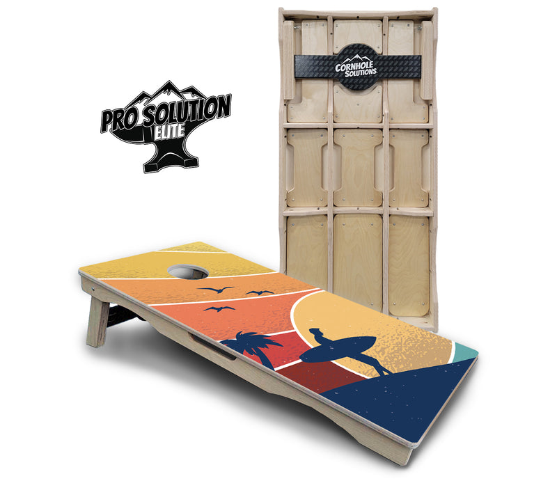 Pro Solution Elite - Retro Beach Design Options - Professional Tournament Cornhole Boards 3/4" Baltic Birch - Zero Bounce Zero Movement Vertical Interlocking Braces for Extra Weight & Stability +Double Thick Legs +Airmail Blocker