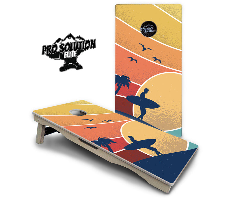 Pro Solution Elite - Retro Beach Design Options - Professional Tournament Cornhole Boards 3/4" Baltic Birch - Zero Bounce Zero Movement Vertical Interlocking Braces for Extra Weight & Stability +Double Thick Legs +Airmail Blocker