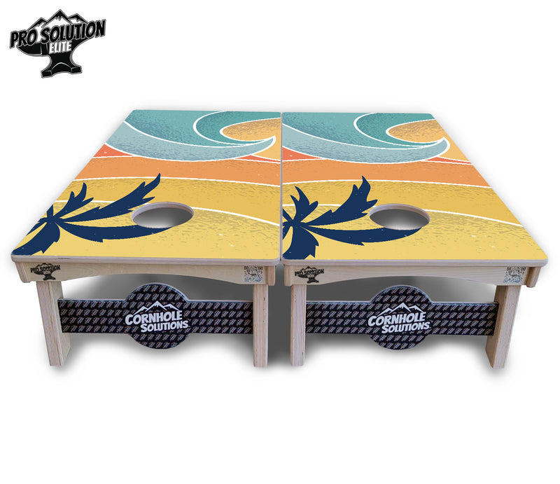 Pro Solution Elite - Retro Beach Design Options - Professional Tournament Cornhole Boards 3/4" Baltic Birch - Zero Bounce Zero Movement Vertical Interlocking Braces for Extra Weight & Stability +Double Thick Legs +Airmail Blocker