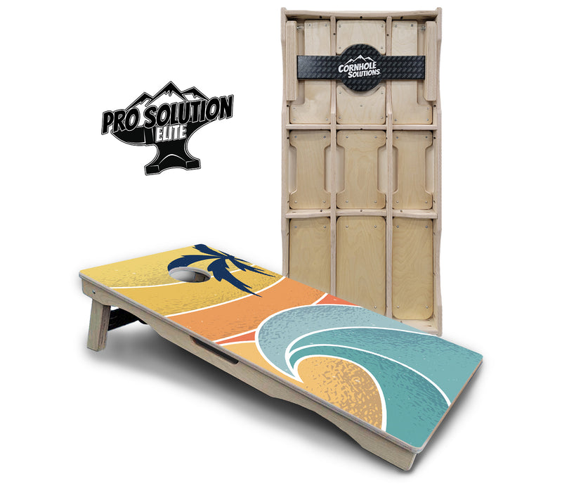 Pro Solution Elite - Retro Beach Design Options - Professional Tournament Cornhole Boards 3/4" Baltic Birch - Zero Bounce Zero Movement Vertical Interlocking Braces for Extra Weight & Stability +Double Thick Legs +Airmail Blocker