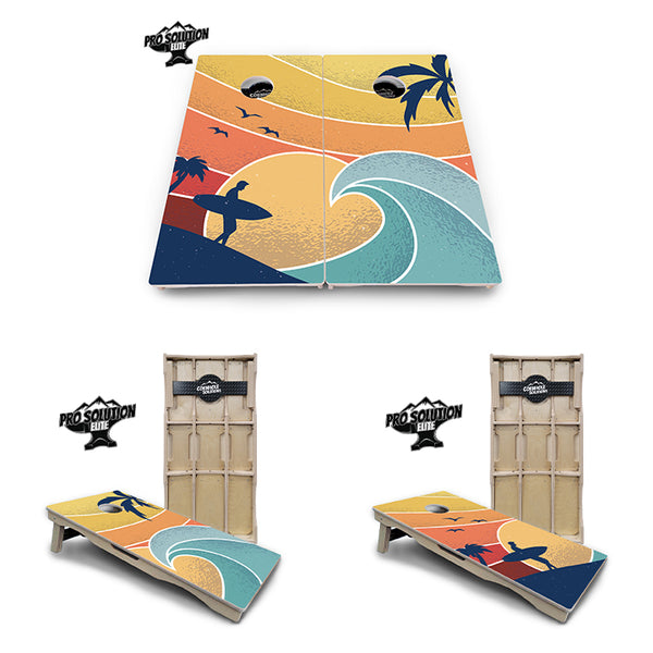 Pro Solution Elite - Retro Beach Design Options - Professional Tournament Cornhole Boards 3/4" Baltic Birch - Zero Bounce Zero Movement Vertical Interlocking Braces for Extra Weight & Stability +Double Thick Legs +Airmail Blocker