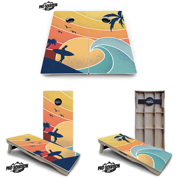 Pro Solution Lite - Retro Beach Design - Professional Tournament Cornhole Boards 3/4" Baltic Birch - Zero Bounce Zero Movement Vertical Interlocking Braces for Extra Weight & Stability +Double Thick Legs +Airmail Blocker