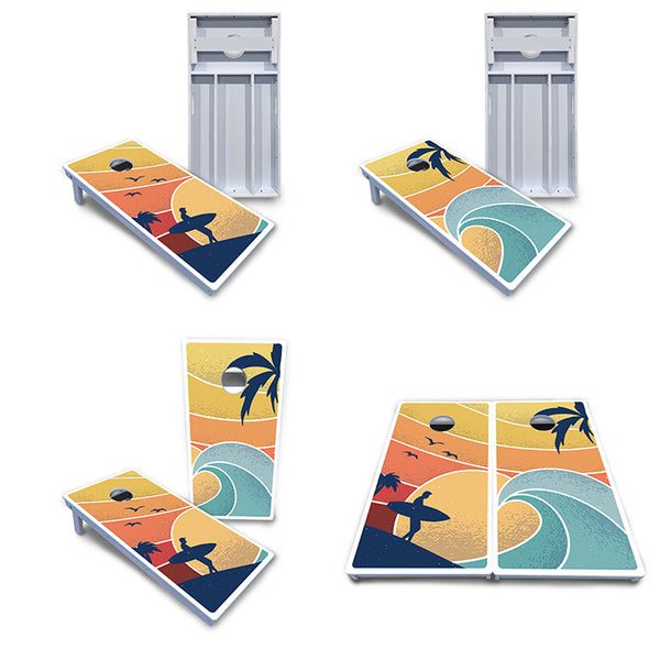 Waterproof - Retro Beach Design Options - All Weather Boards "Outdoor Solution" 18mm(3/4")Direct UV Printed - Regulation 2' by 4' Cornhole Boards (Set of 2 Boards) Double Thick Legs, with Leg Brace & Dual Support Braces!