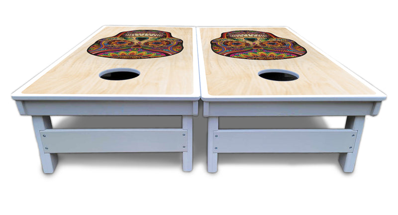 Waterproof - Sugar Skull Design Options - All Weather Boards "Outdoor Solution" 18mm(3/4")Direct UV Printed - Regulation 2' by 4' Cornhole Boards (Set of 2 Boards) Double Thick Legs, with Leg Brace & Dual Support Braces!