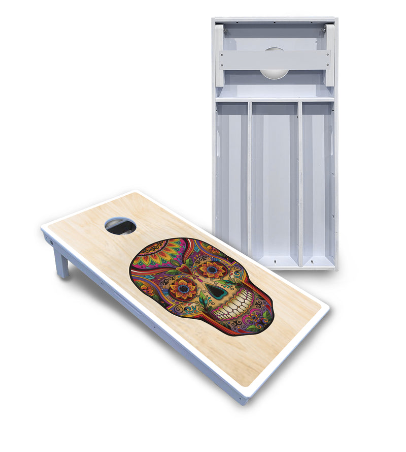 Waterproof - Sugar Skull Design Options - All Weather Boards "Outdoor Solution" 18mm(3/4")Direct UV Printed - Regulation 2' by 4' Cornhole Boards (Set of 2 Boards) Double Thick Legs, with Leg Brace & Dual Support Braces!