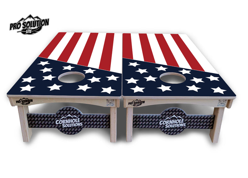 Pro Solution Lite - Slanted Stars & Stripes - Professional Tournament Cornhole Boards 3/4" Baltic Birch - Zero Bounce Zero Movement Vertical Interlocking Braces for Extra Weight & Stability +Double Thick Legs +Airmail Blocker