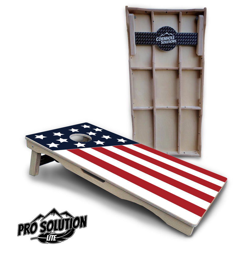 Pro Solution Lite - Slanted Stars & Stripes - Professional Tournament Cornhole Boards 3/4" Baltic Birch - Zero Bounce Zero Movement Vertical Interlocking Braces for Extra Weight & Stability +Double Thick Legs +Airmail Blocker